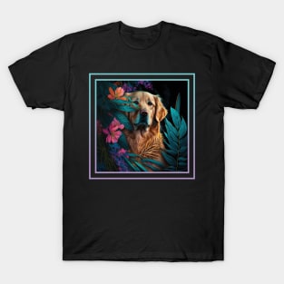 Curious Golden Retriever Vibrant Floral Digital Oil Painting Portrait T-Shirt